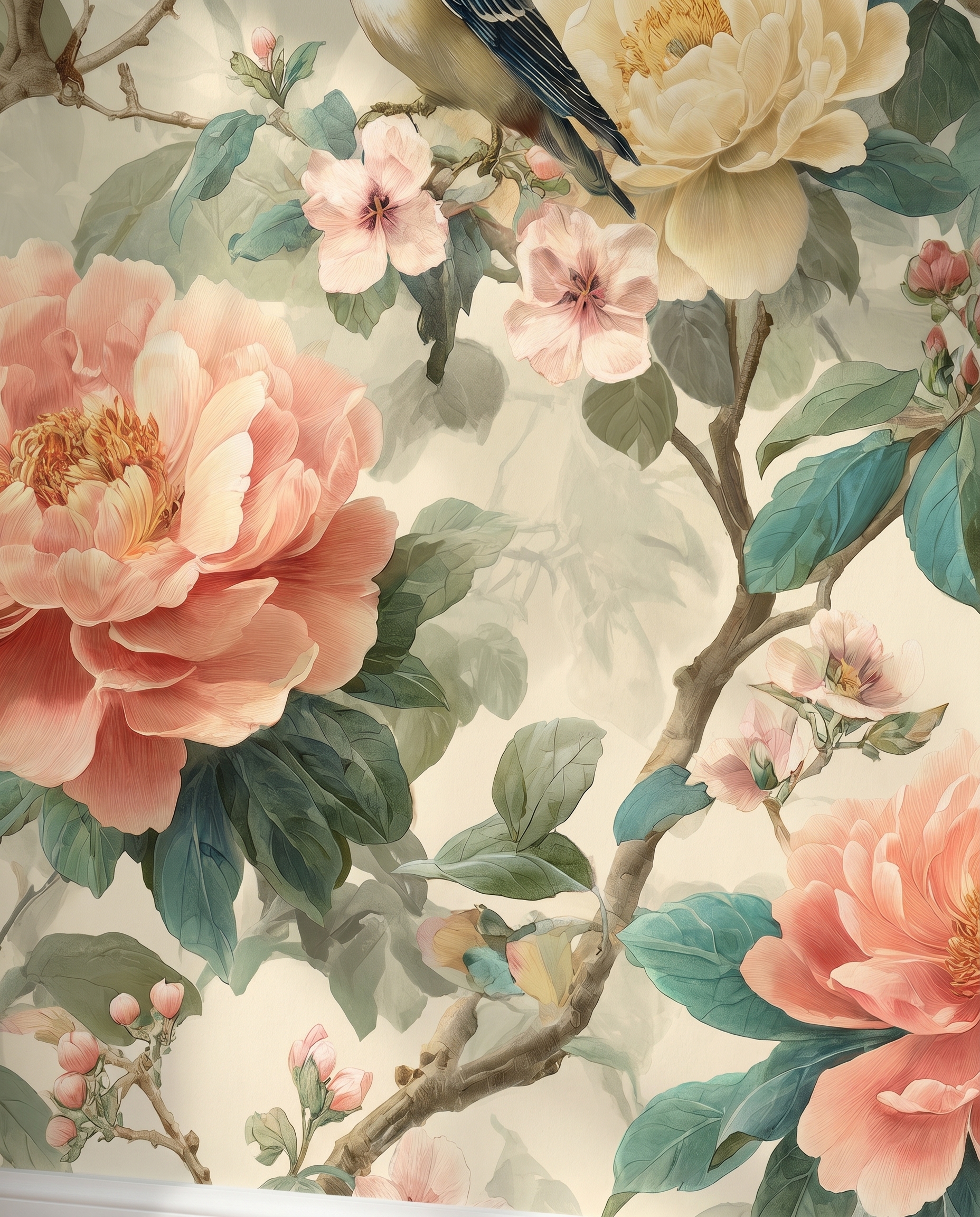 Vintage Pembe Şakayık Çiçekli ve Kuşlu Duvar Kağıdı, Sanatsal Botanik Desenli Klasik Duvar Posteri Çiçekli Duvar Kağıtları 6 Vintage Pembe Şakayık Çiçekli ve Kuşlu Duvar Kağıdı, Sanatsal Botanik Desenli Klasik Duvar Posteri Çiçekli Duvar Kağıtları 6