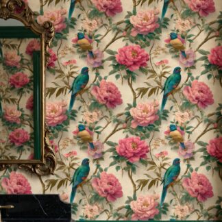 Pembe Şakayık ve Renkli Kuş Desenli Klasik Duvar Kağıdı, Vintage Botanik Sanatsal Duvar Posteri Doğa Temalı Duvar Kağıtları Pembe Şakayık ve Renkli Kuş Desenli Klasik Duvar Kağıdı, Vintage Botanik Sanatsal Duvar Posteri Doğa Temalı Duvar Kağıtları