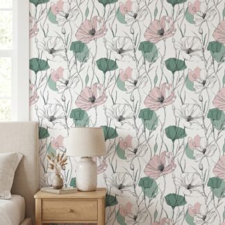 Adaçayı Yeşili ve Pembe Çiçekli Line Art Duvar Kağıdı, Minimalist Botanik Desenli Duvar Posteri Çiçekli Duvar Kağıtları Adaçayı Yeşili ve Pembe Çiçekli Line Art Duvar Kağıdı, Minimalist Botanik Desenli Duvar Posteri Çiçekli Duvar Kağıtları
