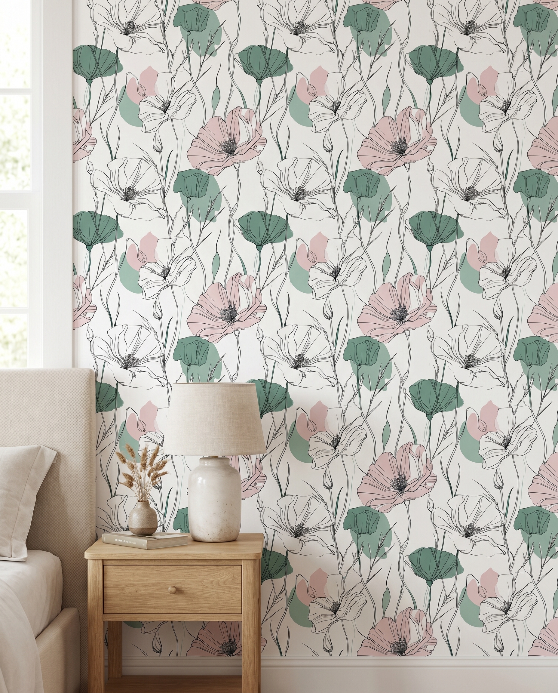 Adaçayı Yeşili ve Pembe Çiçekli Line Art Duvar Kağıdı, Minimalist Botanik Desenli Duvar Posteri Çiçekli Duvar Kağıtları 2 Adaçayı Yeşili ve Pembe Çiçekli Line Art Duvar Kağıdı, Minimalist Botanik Desenli Duvar Posteri Çiçekli Duvar Kağıtları 2