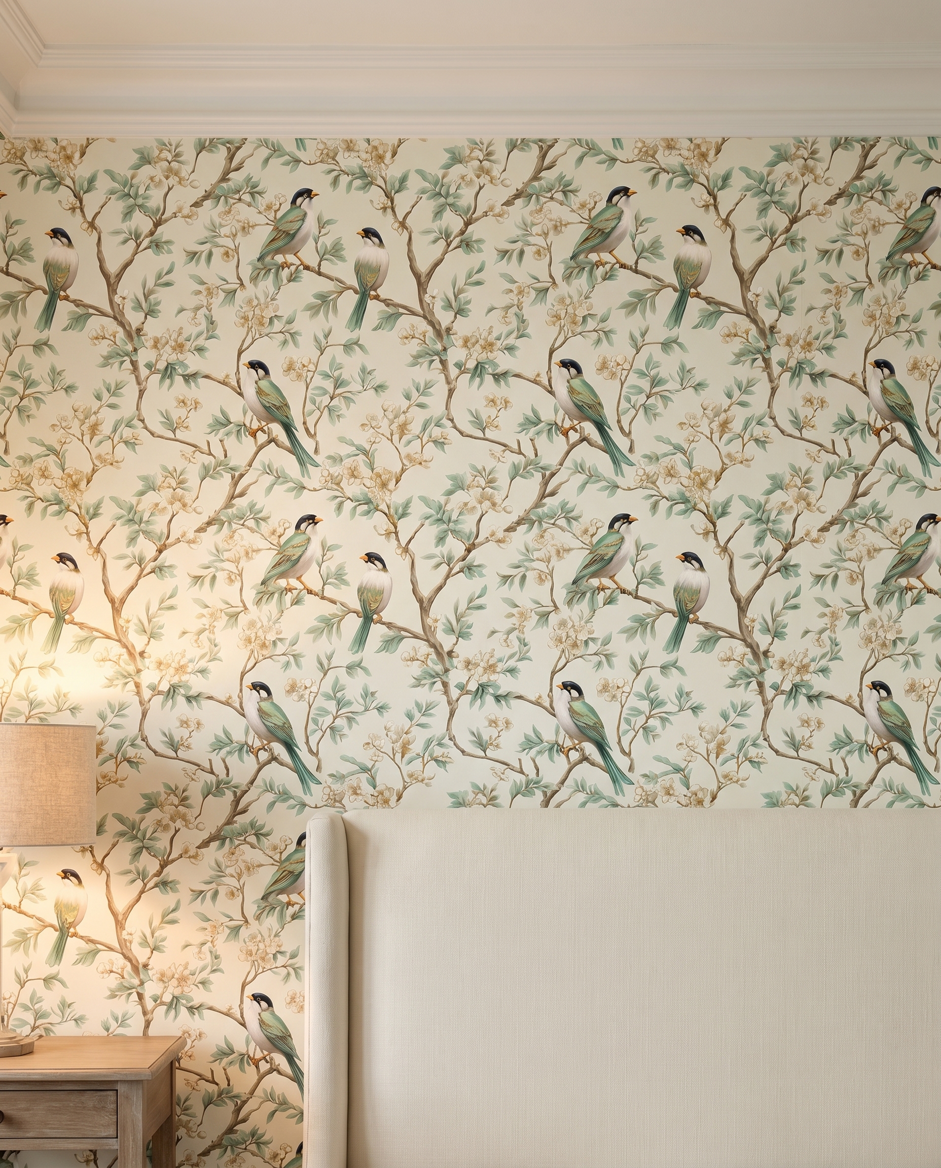 Vintage Yeşil Kuşlu ve Beyaz Çiçekli Duvar Kağıdı, Chinoiserie Tarzı Klasik Doğa Duvar Posteri Çiçekli Duvar Kağıtları 3 Vintage Yeşil Kuşlu ve Beyaz Çiçekli Duvar Kağıdı, Chinoiserie Tarzı Klasik Doğa Duvar Posteri Çiçekli Duvar Kağıtları 3