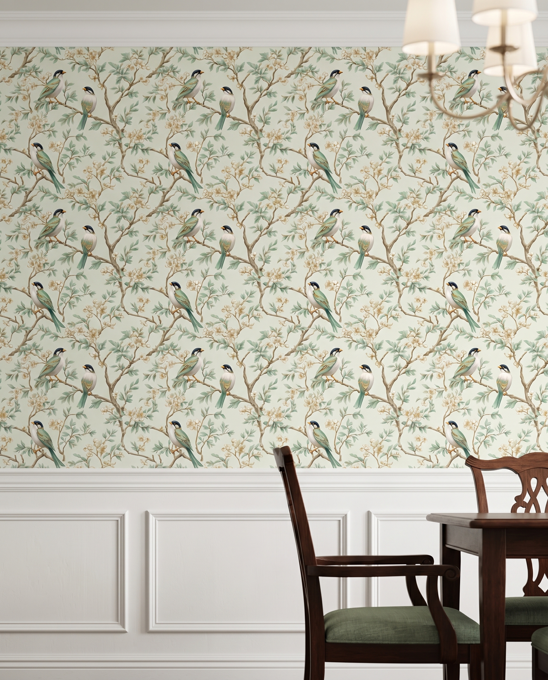 Vintage Yeşil Kuşlu ve Beyaz Çiçekli Duvar Kağıdı, Chinoiserie Tarzı Klasik Doğa Duvar Posteri Çiçekli Duvar Kağıtları 4 Vintage Yeşil Kuşlu ve Beyaz Çiçekli Duvar Kağıdı, Chinoiserie Tarzı Klasik Doğa Duvar Posteri Çiçekli Duvar Kağıtları 4