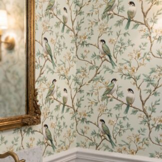 Vintage Yeşil Kuşlu ve Beyaz Çiçekli Duvar Kağıdı, Chinoiserie Tarzı Klasik Doğa Duvar Posteri Çiçekli Duvar Kağıtları