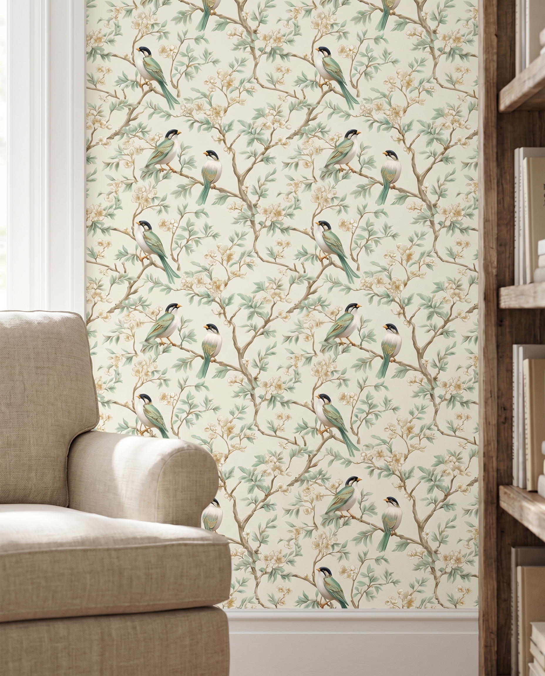 Vintage Yeşil Kuşlu ve Beyaz Çiçekli Duvar Kağıdı, Chinoiserie Tarzı Klasik Doğa Duvar Posteri Çiçekli Duvar Kağıtları 5 Vintage Yeşil Kuşlu ve Beyaz Çiçekli Duvar Kağıdı, Chinoiserie Tarzı Klasik Doğa Duvar Posteri Çiçekli Duvar Kağıtları 5