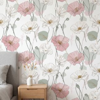 Çizgisel Pembe Gelincik Çiçekli Minimalist Duvar Kağıdı, Modern Botanik Yatak Odası Duvar Posteri Çiçekli Duvar Kağıtları Çizgisel Pembe Gelincik Çiçekli Minimalist Duvar Kağıdı, Modern Botanik Yatak Odası Duvar Posteri Çiçekli Duvar Kağıtları
