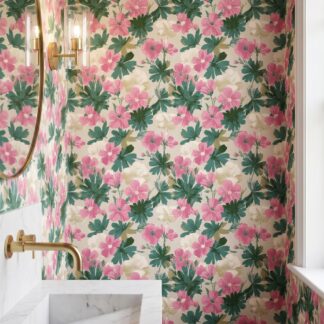Baskı Resim Stilinde Pembe Çiçekli ve Yeşil Yapraklı Duvar Kağıdı, Vintage Botanik Duvar Posteri Çiçekli Duvar Kağıtları Baskı Resim Stilinde Pembe Çiçekli ve Yeşil Yapraklı Duvar Kağıdı, Vintage Botanik Duvar Posteri Çiçekli Duvar Kağıtları