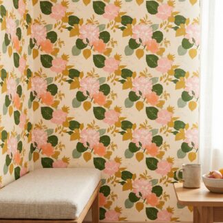 Vintage Pembe ve Turuncu Çiçekli Duvar Kağıdı, Yeşil Yapraklı Eskitme Desenli Botanik Duvar Posteri Çiçekli Duvar Kağıtları