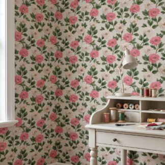 Pembe ve Krem Rengi Nakış İşlemeli Çiçek Desenli Duvar Kağıdı, Vintage Dokulu Botanik Duvar Posteri 3D Duvar Kağıtları