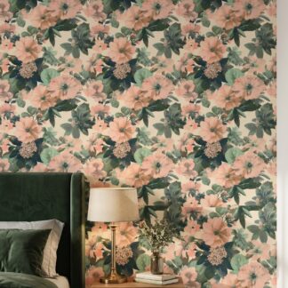 Vintage Pembe Çiçek Desenli Duvar Kağıdı, Yeşil Yapraklı Romantik Botanik Duvar Posteri Çiçekli Duvar Kağıtları