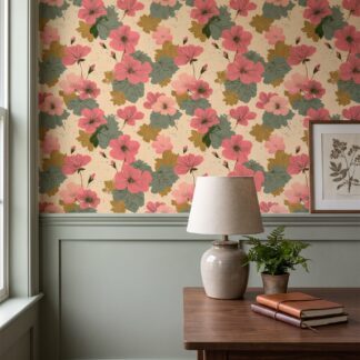 Vintage Pembe Sardunya Çiçekli Duvar Kağıdı, Eskitme Dokulu Yeşil ve Hardal Yapraklı Botanik Duvar Posteri Çiçekli Duvar Kağıtları