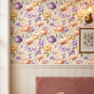Pastel Şeftali ve Lila Rengi Çiçekli Vintage Duvar Kağıdı, Romantik Botanik Desenli Duvar Posteri Çiçekli Duvar Kağıtları Pastel Şeftali ve Lila Rengi Çiçekli Vintage Duvar Kağıdı, Romantik Botanik Desenli Duvar Posteri Çiçekli Duvar Kağıtları