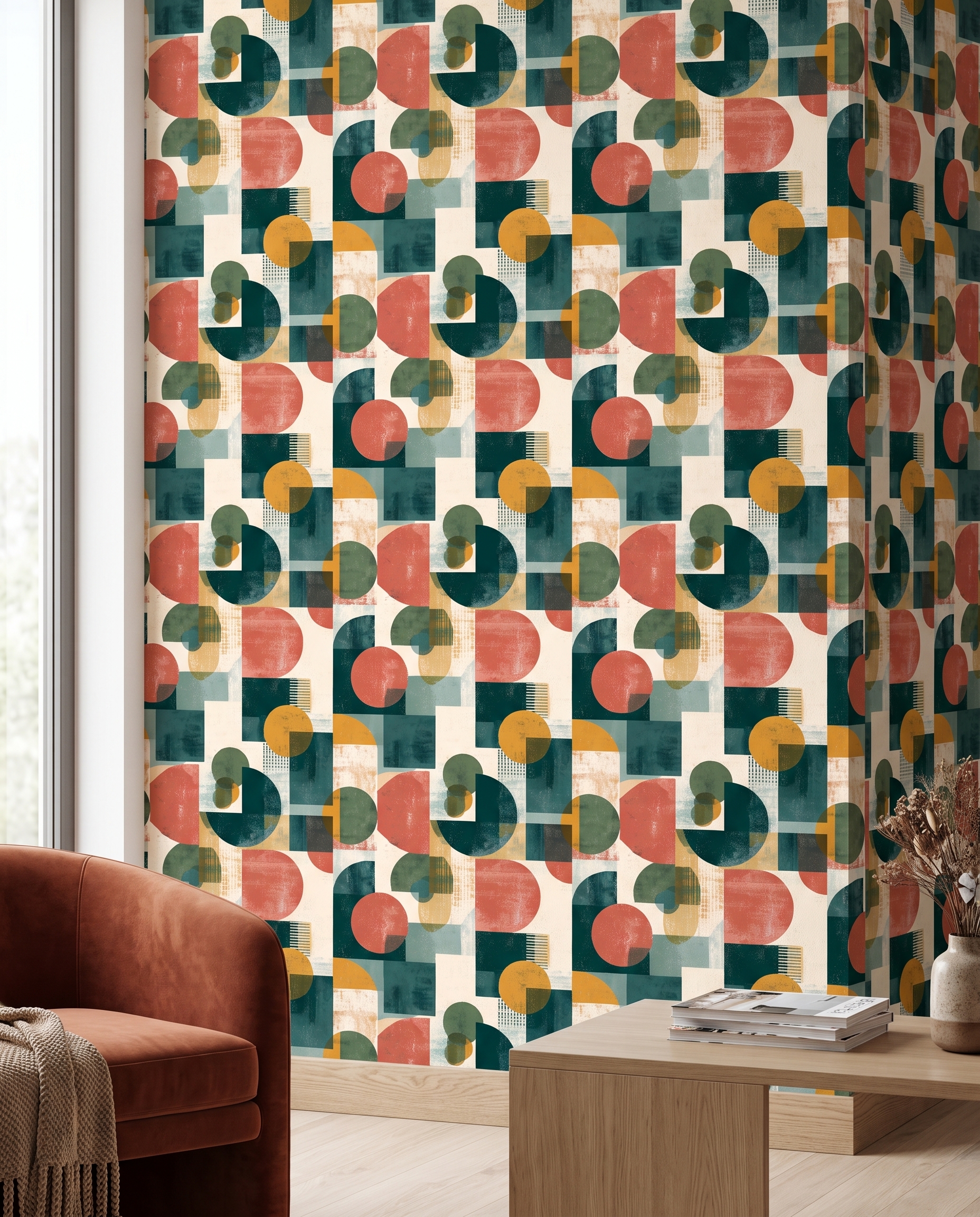Yeşil, kiremit ve hardal tonlarında modern geometrik desenli duvar kağıdı, retro stili soyut duvar posteri Geometrik Duvar Kağıtları 3 Yeşil, kiremit ve hardal tonlarında modern geometrik desenli duvar kağıdı, retro stili soyut duvar posteri Geometrik Duvar Kağıtları 3