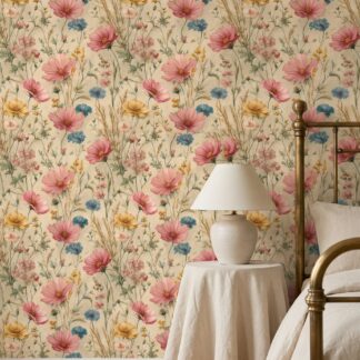 Pembe ve Mavi Kır Çiçekleri Desenli Vintage Duvar Kağıdı, Romantik Botanik Duvar Posteri Çiçekli Duvar Kağıtları Pembe ve Mavi Kır Çiçekleri Desenli Vintage Duvar Kağıdı, Romantik Botanik Duvar Posteri Çiçekli Duvar Kağıtları