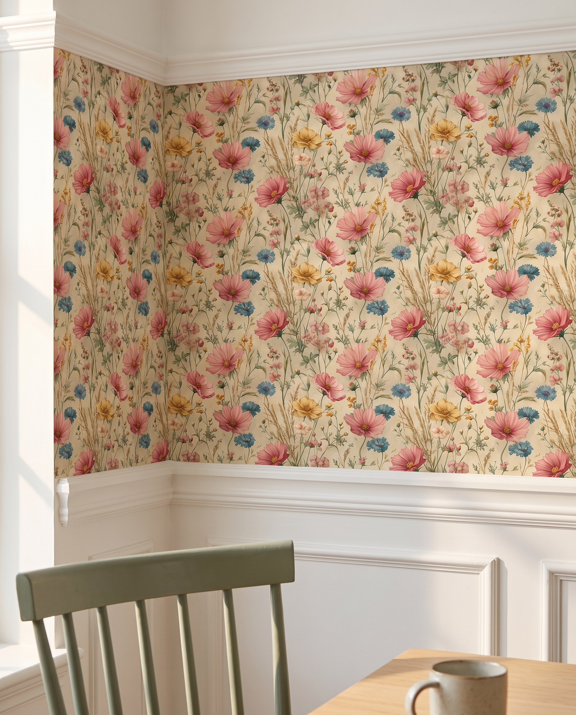 Pembe ve Mavi Kır Çiçekleri Desenli Vintage Duvar Kağıdı, Romantik Botanik Duvar Posteri Çiçekli Duvar Kağıtları 3 Pembe ve Mavi Kır Çiçekleri Desenli Vintage Duvar Kağıdı, Romantik Botanik Duvar Posteri Çiçekli Duvar Kağıtları 3