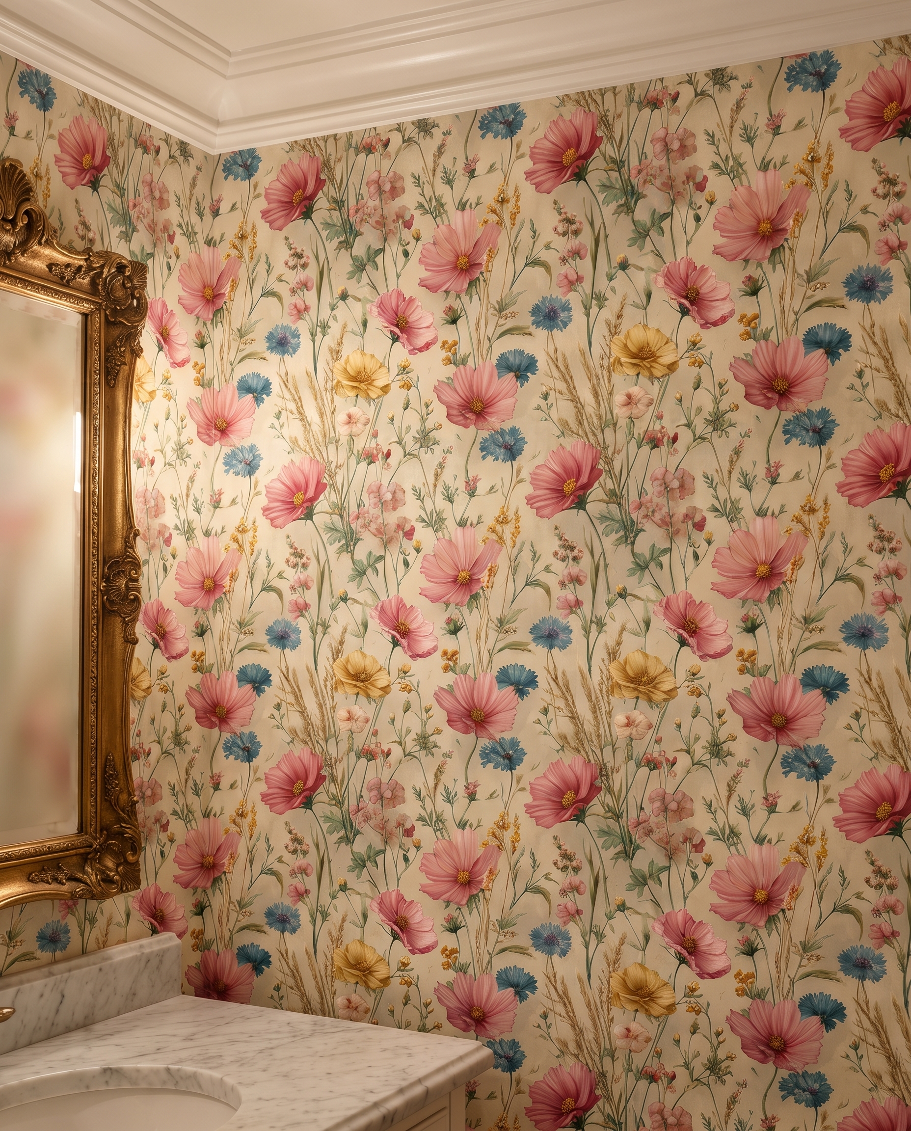 Pembe ve Mavi Kır Çiçekleri Desenli Vintage Duvar Kağıdı, Romantik Botanik Duvar Posteri Çiçekli Duvar Kağıtları 4 Pembe ve Mavi Kır Çiçekleri Desenli Vintage Duvar Kağıdı, Romantik Botanik Duvar Posteri Çiçekli Duvar Kağıtları 4
