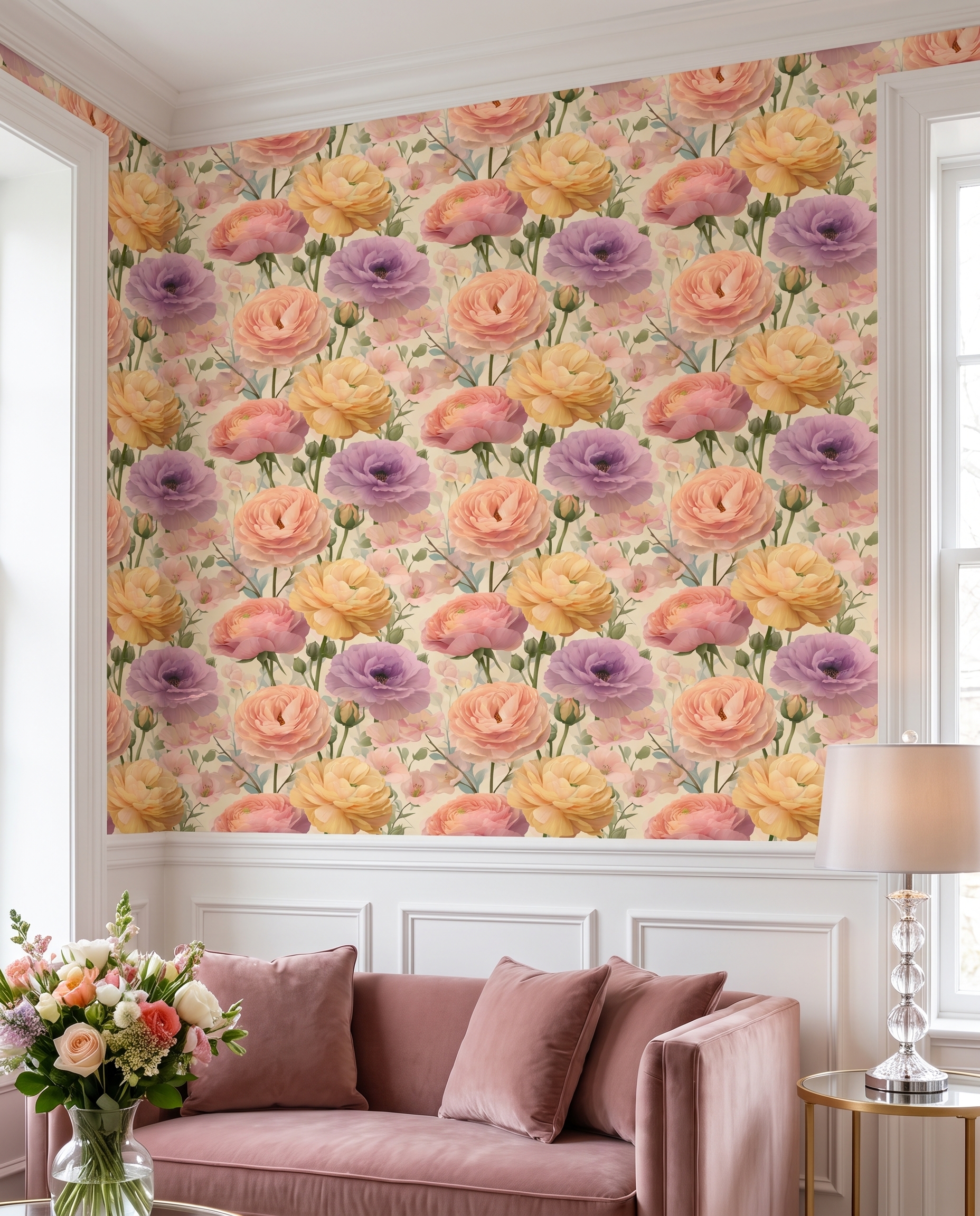Pastel Renkli Büyük Şakayık Çiçekli Duvar Kağıdı, Romantik Vintage Botanik Duvar Posteri Çiçekli Duvar Kağıtları 2 Pastel Renkli Büyük Şakayık Çiçekli Duvar Kağıdı, Romantik Vintage Botanik Duvar Posteri Çiçekli Duvar Kağıtları 2