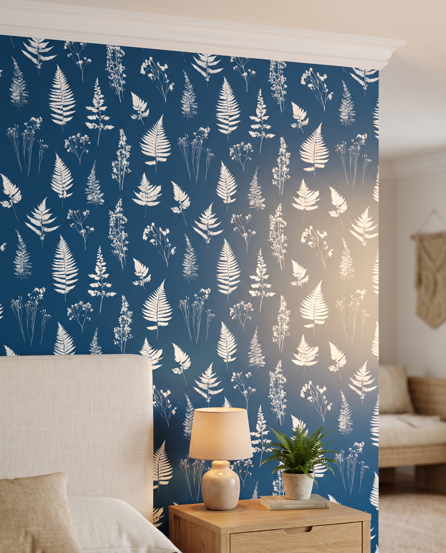 Siyanotip Tarzı Beyaz Eğrelti Otu ve Yaprak Desenli Lacivert Duvar Kağıdı, Minimalist Botanik Duvar Posteri Çiçekli Duvar Kağıtları 3 Siyanotip Tarzı Beyaz Eğrelti Otu ve Yaprak Desenli Lacivert Duvar Kağıdı, Minimalist Botanik Duvar Posteri Çiçekli Duvar Kağıtları 3