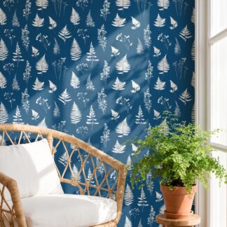 Siyanotip Tarzı Beyaz Eğrelti Otu ve Yaprak Desenli Lacivert Duvar Kağıdı, Minimalist Botanik Duvar Posteri Çiçekli Duvar Kağıtları
