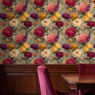 Adaçayı Yeşili Üzerinde Bordo, Pembe ve Sarı Çiçekli Vintage Duvar Kağıdı, Romantik Botanik Desenli Duvar Posteri Çiçekli Duvar Kağıtları Adaçayı Yeşili Üzerinde Bordo, Pembe ve Sarı Çiçekli Vintage Duvar Kağıdı, Romantik Botanik Desenli Duvar Posteri Çiçekli Duvar Kağıtları