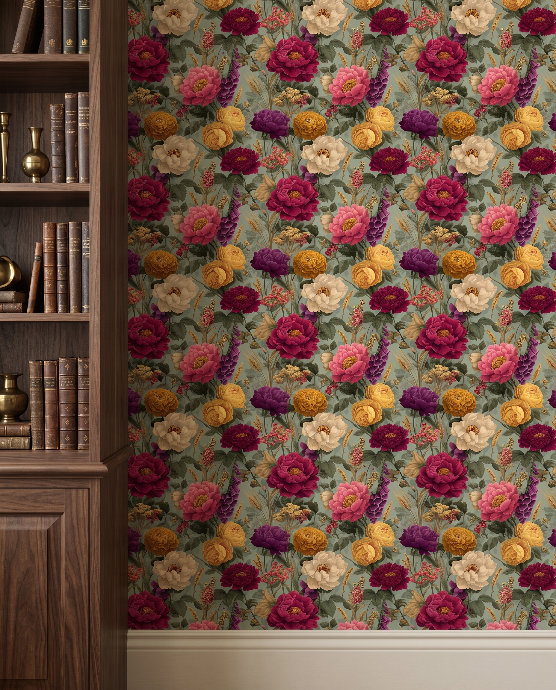 Adaçayı Yeşili Üzerinde Bordo, Pembe ve Sarı Çiçekli Vintage Duvar Kağıdı, Romantik Botanik Desenli Duvar Posteri Çiçekli Duvar Kağıtları 5 Adaçayı Yeşili Üzerinde Bordo, Pembe ve Sarı Çiçekli Vintage Duvar Kağıdı, Romantik Botanik Desenli Duvar Posteri Çiçekli Duvar Kağıtları 5