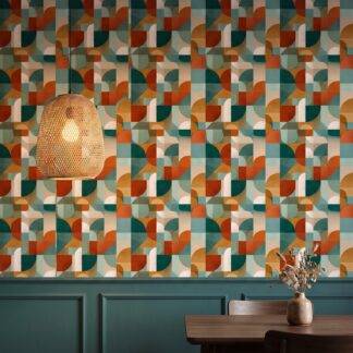 Terracotta ve Yeşil Tonlu Retro Geometrik Desenli Duvar Kağıdı, Vintage Mozaik Görünümlü Duvar Posteri Doku & Desen Duvar Kağıtları Terracotta ve Yeşil Tonlu Retro Geometrik Desenli Duvar Kağıdı, Vintage Mozaik Görünümlü Duvar Posteri Doku & Desen Duvar Kağıtları