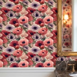Pembe, kırmızı ve lila gelincik çiçekli vintage duvar kağıdı, romantik ve sanatsal botanik duvar posteri Çiçekli Duvar Kağıtları