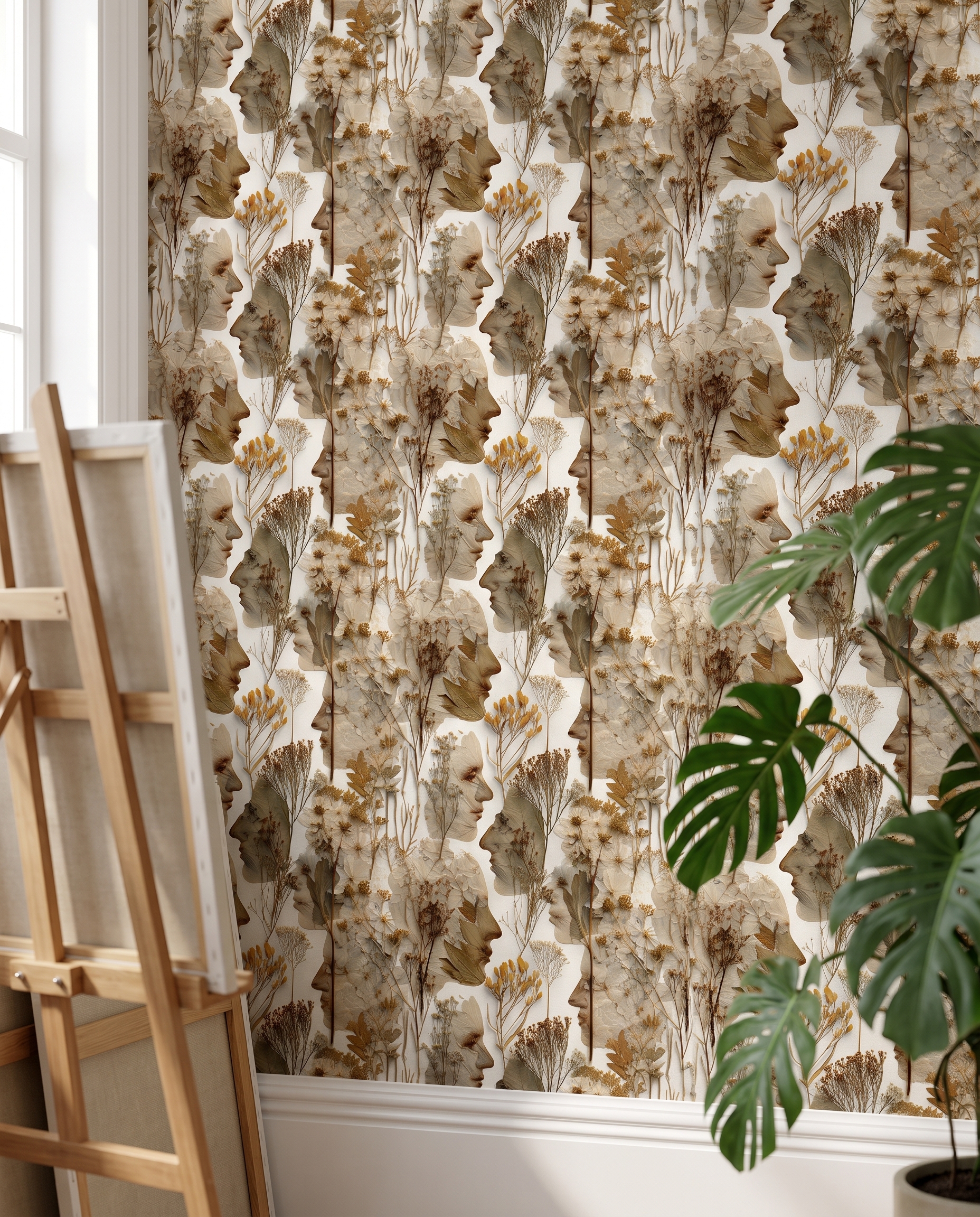 Kurutulmuş Çiçek ve Yapraklardan İnsan Profili Desenli Bej Duvar Kağıdı, Sanatsal Botanik Duvar Posteri Çiçekli Duvar Kağıtları 5 Kurutulmuş Çiçek ve Yapraklardan İnsan Profili Desenli Bej Duvar Kağıdı, Sanatsal Botanik Duvar Posteri Çiçekli Duvar Kağıtları 5
