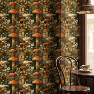 Vintage Mantar ve Kır Çiçekleri Desenli Duvar Kağıdı, Masalsı Orman Köyü Temalı Botanik Duvar Posteri Çiçekli Duvar Kağıtları Vintage Mantar ve Kır Çiçekleri Desenli Duvar Kağıdı, Masalsı Orman Köyü Temalı Botanik Duvar Posteri Çiçekli Duvar Kağıtları