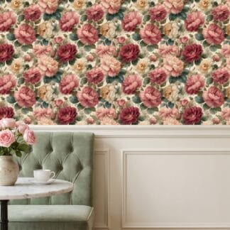 Pembe ve Bordo Şakayık Çiçekleri Desenli Duvar Kağıdı, Vintage Romantik Stil Duvar Posteri Çiçekli Duvar Kağıtları Pembe ve Bordo Şakayık Çiçekleri Desenli Duvar Kağıdı, Vintage Romantik Stil Duvar Posteri Çiçekli Duvar Kağıtları